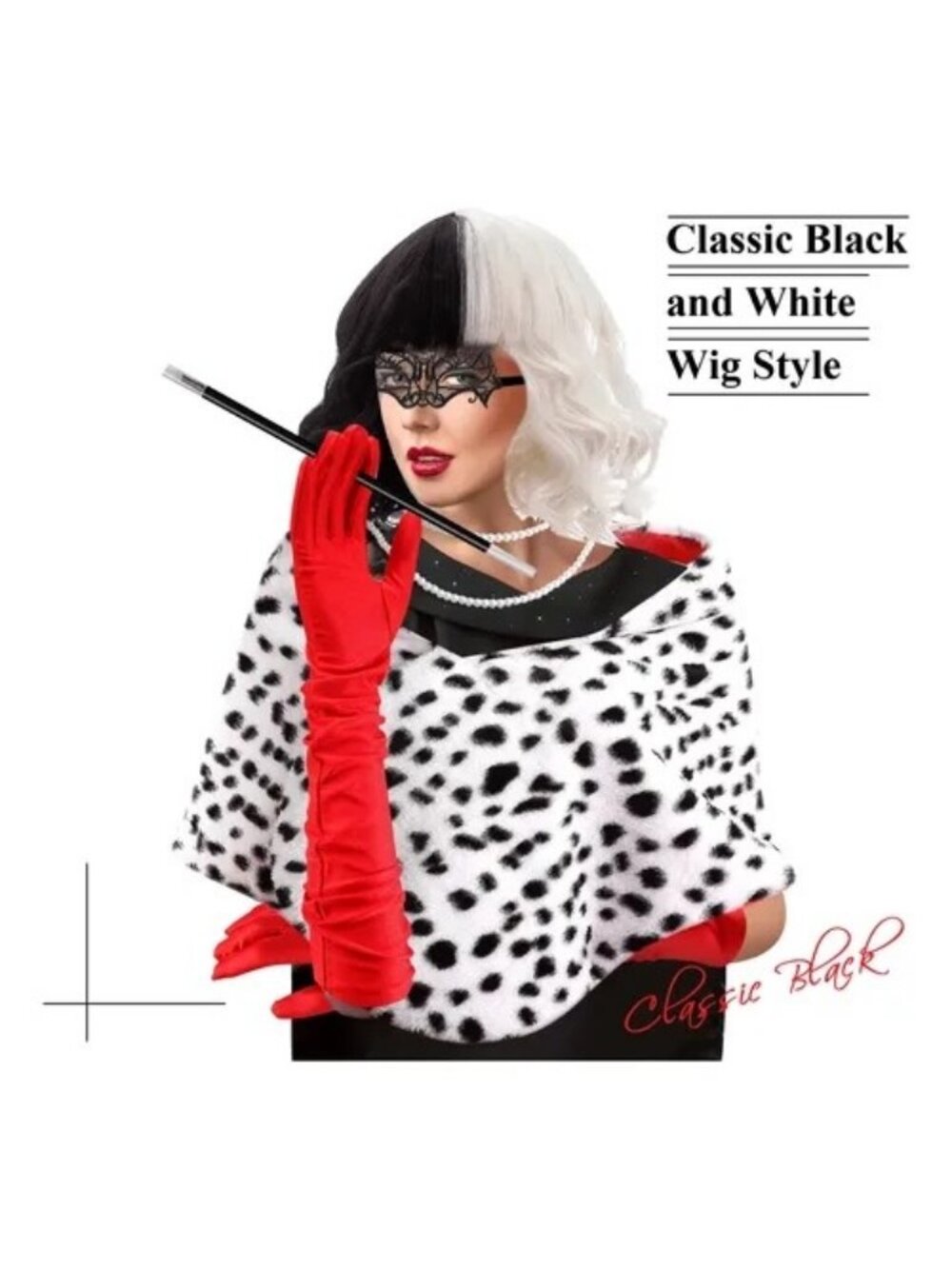 Cruella Deville Costume Accessory Set Wig Cloak Gloves Cigarette Holder Mask